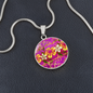 round template - golden daisies Magenta Golden Daisies : Round Charm, Gold or Silver Plated, with strong chain necklace - In luxury packaging - Free standard shipping