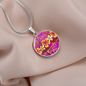 round template - golden daisies Magenta Golden Daisies : Round Charm, Gold or Silver Plated, with strong chain necklace - In luxury packaging - Free standard shipping