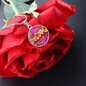 round template - golden daisies Magenta Golden Daisies : Round Charm, Gold or Silver Plated, with strong chain necklace - In luxury packaging - Free standard shipping
