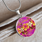 round template - golden daisies Magenta Golden Daisies : Round Charm, Gold or Silver Plated, with strong chain necklace - In luxury packaging - Free standard shipping