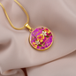 round template - golden daisies Magenta Golden Daisies : Round Charm, Gold or Silver Plated, with strong chain necklace - In luxury packaging - Free standard shipping