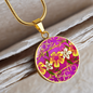 round template - golden daisies Magenta Golden Daisies : Round Charm, Gold or Silver Plated, with strong chain necklace - In luxury packaging - Free standard shipping