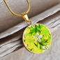 round template - golden daisiesGreen Golden Daisies : Round Charm, Gold or Silver Plated, with strong chain necklace - In luxury packaging - Free standard shipping