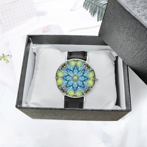 Magic Stardust Green pattern : Quartz Watch Leather black with Gold or Silver frame - in premium gift box - 1.5 × 1.5" - Free standard shipping