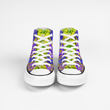 Load image into Gallery viewer, Golden Daisies purple green pattern : All Star style Unisex Boots (High Top) Canvas Shoes - Free standard shipping
