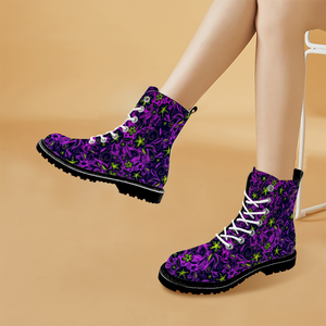 Glowing Flowers : Black Boots, PU leather upper + Rubber sole - Free standard shipping