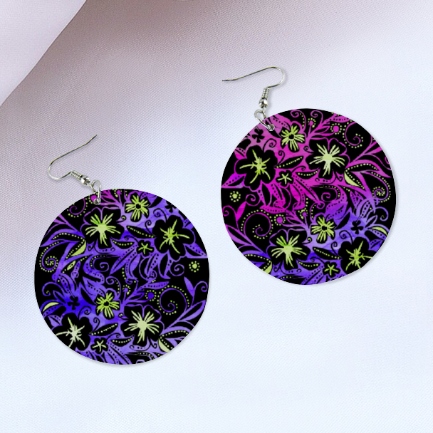 Glowing Flowers : Round Wooden Earrings - Diameter 6cm (2.4inch) double side print  -  Free standard shipping