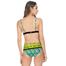 Load image into Gallery viewer, Golden Daisies Green Turquoise pattern : Women’s two-piece Bikini Swimsuit conservative style – Up to 4XL – Free standard shipping
