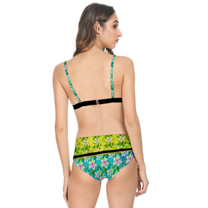 Golden Daisies Green Turquoise pattern : Women’s two-piece Bikini Swimsuit conservative style – Up to 4XL – Free standard shipping