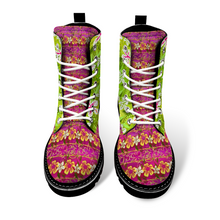 Load image into Gallery viewer, Golden Daisies Green &amp; Magenta pattern : Black Boots, PU leather upper + Rubber sole - Free standard shipping
