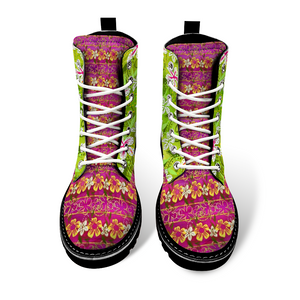 Golden Daisies Green & Magenta pattern : Black Boots, PU leather upper + Rubber sole - Free standard shipping