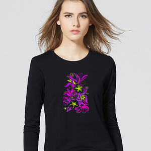 Glowing Flowers : Long sleeve thin blouse -  tight fit for women  -  up to 4XL  -  95% Cotton - Free standard shipping