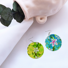 Load image into Gallery viewer, Golden Daisies green turquoise pattern : Round Wooden Earrings - Diameter 6cm (2.4inch) double side print  -  Free standard shipping
