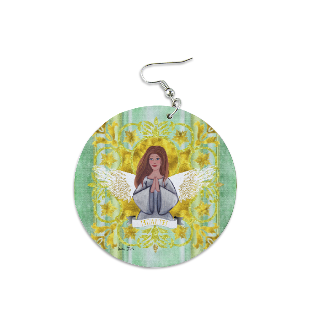 Health Angel : Round Wooden Earrings - Diameter 6cm (2.4inch) double side print  -  Free standard shipping