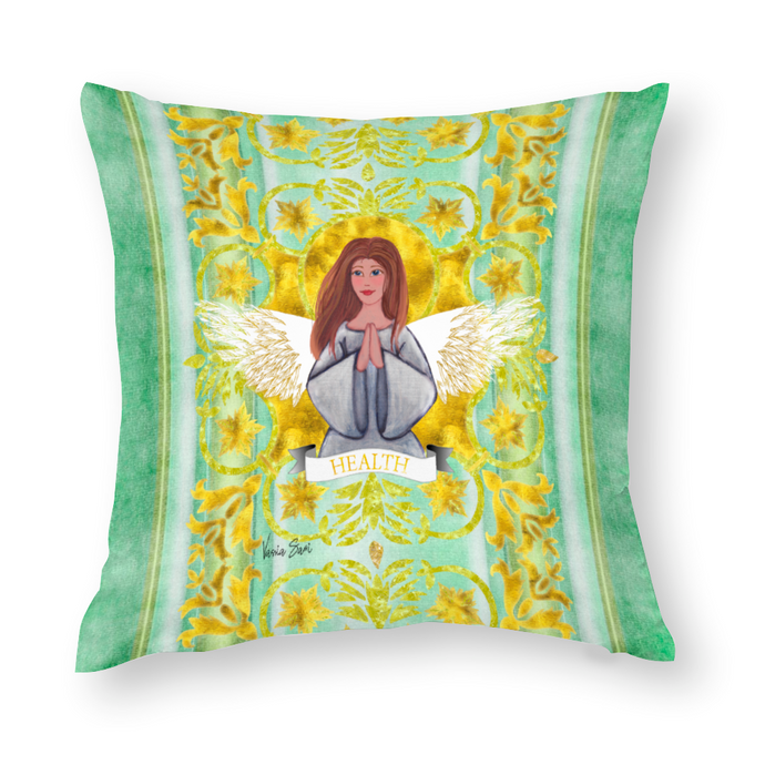 Pillow Case Print on demand - Health Angel : Original Art by Vassia Sarri. With this image, my aim is to reprogram your subconscious and energize positive vibes towards Health, optimism and wellbeing in your life. I'm Inspired from many different artistic movements, such as:  Art neuveau, Hippy Bohemian Style, Fantasy art, Traditional Greek, and our old times classic cartoons. 