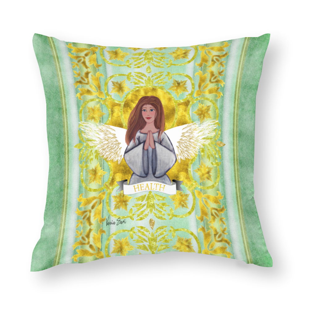 Pillow Case Print on demand - Health Angel : Original Art by Vassia Sarri. With this image, my aim is to reprogram your subconscious and energize positive vibes towards Health, optimism and wellbeing in your life. I'm Inspired from many different artistic movements, such as:  Art neuveau, Hippy Bohemian Style, Fantasy art, Traditional Greek, and our old times classic cartoons. 