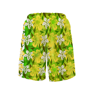 Golden Daisies Green Pattern : Men's Quick Dry Swim Beach Shorts – Elastic waist – Polyester – Free standard shipping