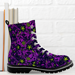 Glowing Flowers : Black Boots, PU leather upper + Rubber sole - Free standard shipping