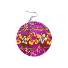 Load image into Gallery viewer, Golden Daisies Magenta Purple pattern : Round Wooden Earrings - Diameter 6cm (2.4inch) double side print  -  Free standard shipping
