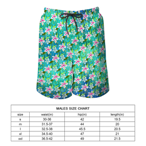 Golden Daisies Turquoise pattern : Men's Quick Dry Swim Beach Shorts – Elastic waist – Polyester – Free standard shipping