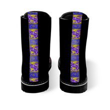 Load image into Gallery viewer, Golden Daisies Purple pattern : Black Boots, PU leather upper + Rubber sole - Free standard shipping
