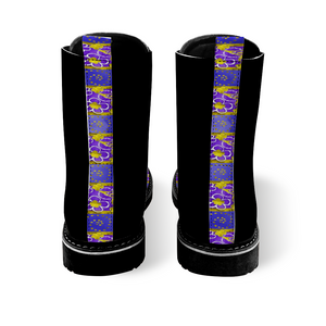 Golden Daisies Purple pattern : Black Boots, PU leather upper + Rubber sole - Free standard shipping