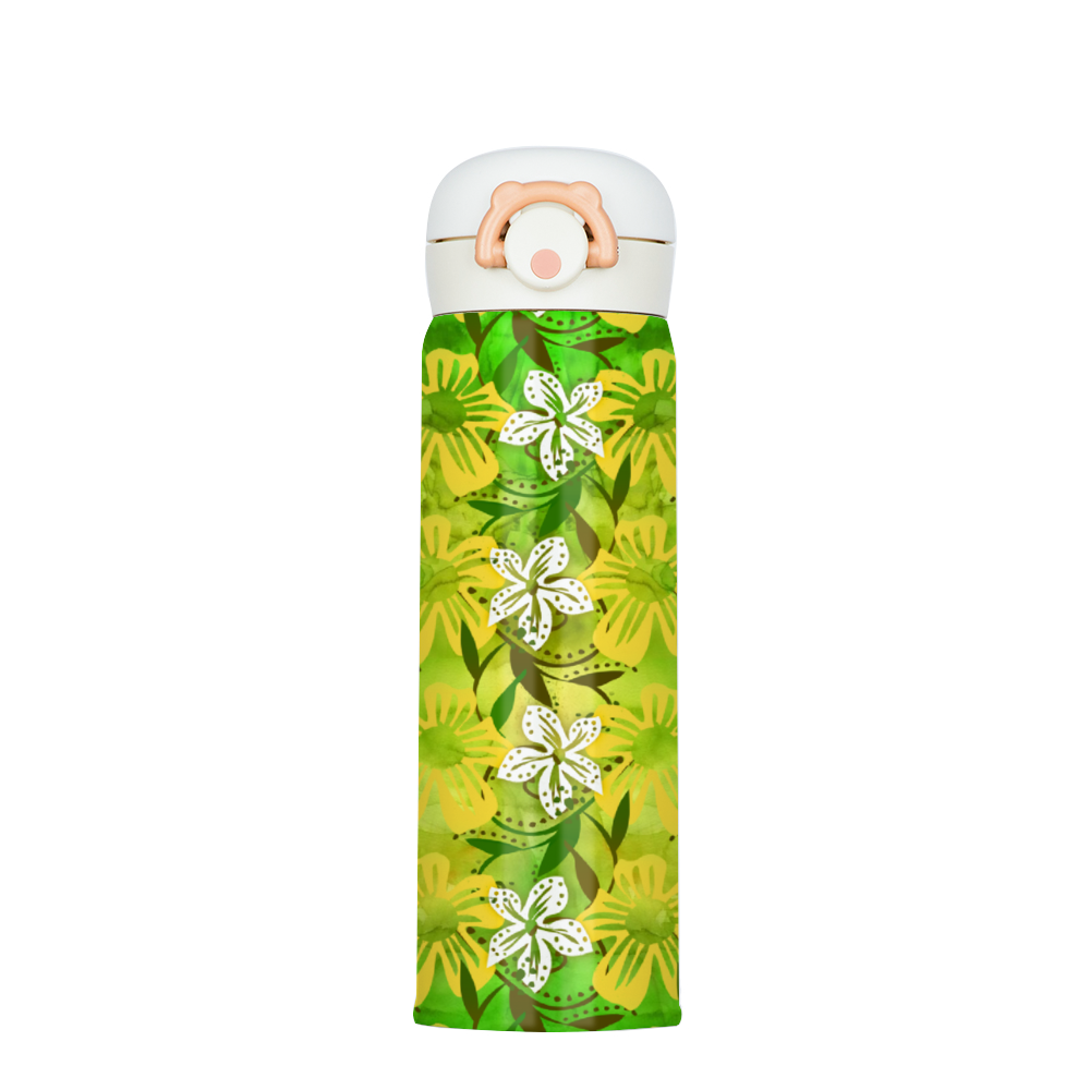 Golden Daisies Green pattern : Thermal Bottle - 17oz Portable Thermal Bottle with Flip Cap Stainless Steel Bottle - 23cm x 6.6cm (9