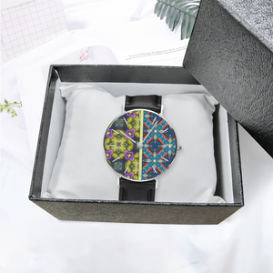 Byzantium Garden : Quartz Watch Leather black with Gold or Silver frame  - in premium gift box - 1.5 × 1.5" - Free standard shipping