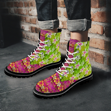 Load image into Gallery viewer, Golden Daisies Green &amp; Magenta pattern : Black Boots, PU leather upper + Rubber sole - Free standard shipping
