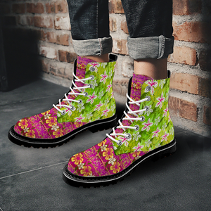 Golden Daisies Green & Magenta pattern : Black Boots, PU leather upper + Rubber sole - Free standard shipping