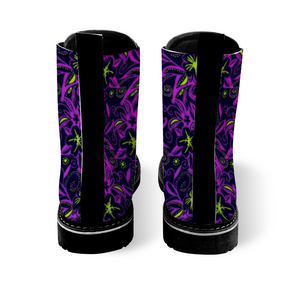 Glowing Flowers : Black Boots, PU leather upper + Rubber sole - Free standard shipping