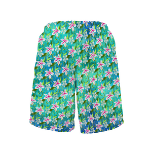 Golden Daisies Turquoise pattern : Men's Quick Dry Swim Beach Shorts – Elastic waist – Polyester – Free standard shipping