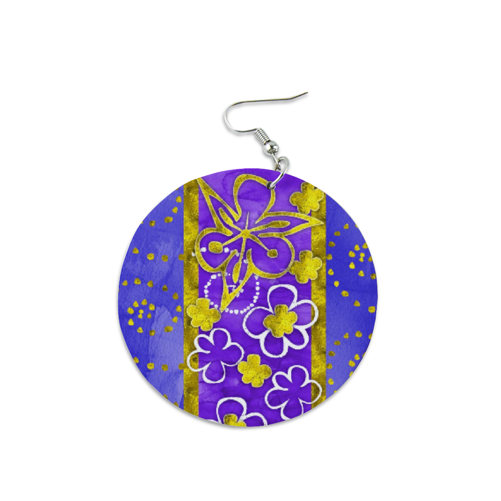 Golden Daisies Magenta Purple pattern : Round Wooden Earrings - Diameter 6cm (2.4inch) double side print  -  Free standard shipping