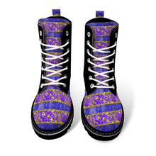 Load image into Gallery viewer, Golden Daisies Purple pattern : Black Boots, PU leather upper + Rubber sole - Free standard shipping
