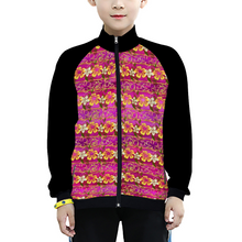 Load image into Gallery viewer, Golden Daisies Magenta Pattern: Kids&#39; Japanese Terry Baseball Jacket - Free standard shipping
