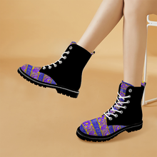 Load image into Gallery viewer, Golden Daisies Purple pattern : Black Boots, PU leather upper + Rubber sole - Free standard shipping
