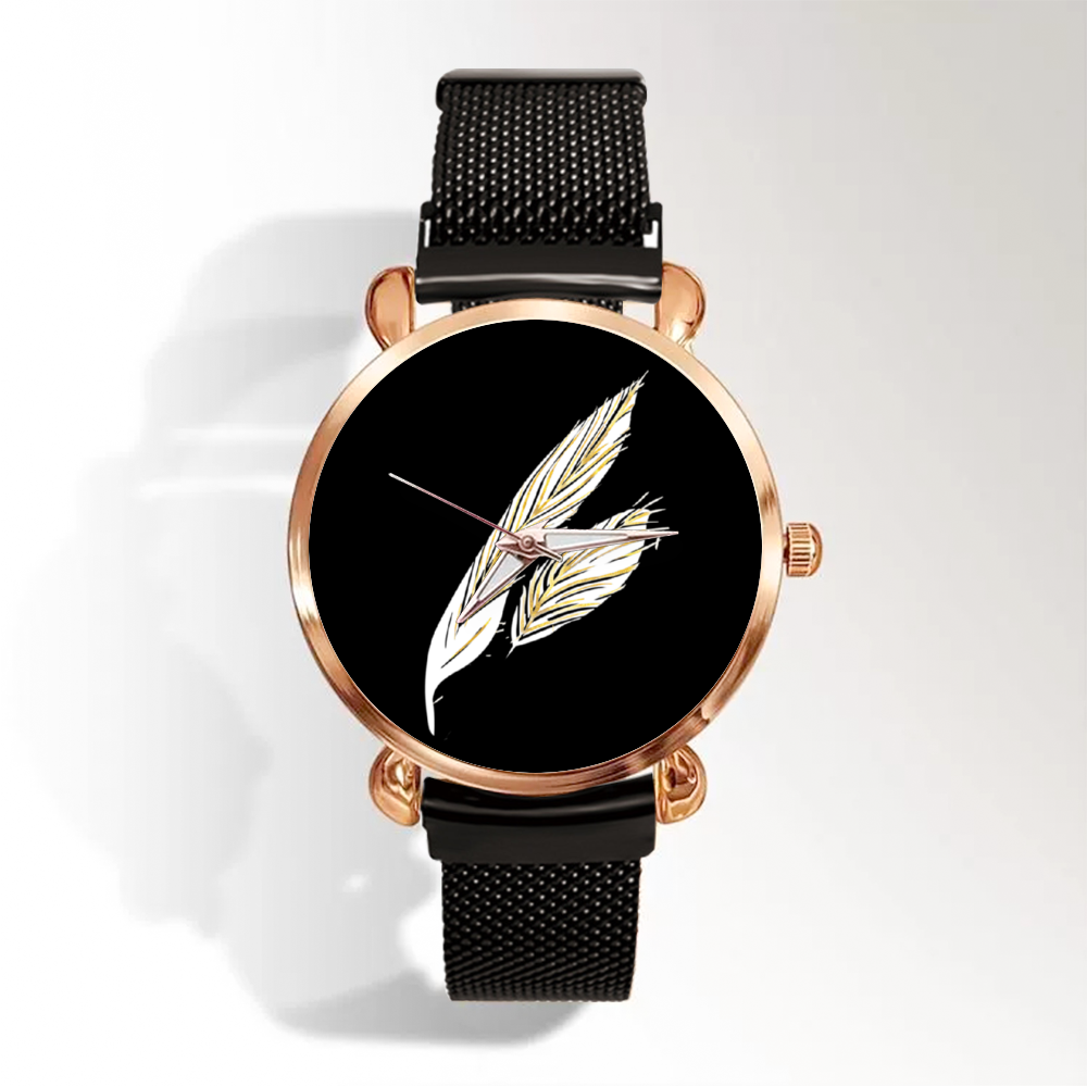 Angelic Feathers : Quartz Watch metallic bracelet, Magnetic Buckle - Bronze Frame - Many Metallic Bracelet Colors - in premium gift box - 1.3 × 1.3