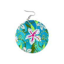 Load image into Gallery viewer, Golden Daisies green turquoise pattern : Round Wooden Earrings - Diameter 6cm (2.4inch) double side print  -  Free standard shipping
