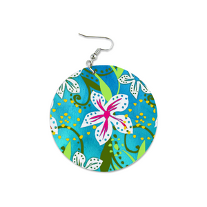 Golden Daisies green turquoise pattern : Round Wooden Earrings - Diameter 6cm (2.4inch) double side print  -  Free standard shipping