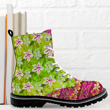 Load image into Gallery viewer, Golden Daisies Green &amp; Magenta pattern : Black Boots, PU leather upper + Rubber sole - Free standard shipping
