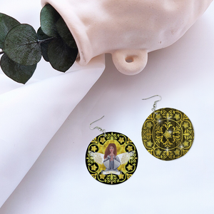 Health Angel - black pattern : Round Wooden Earrings - Diameter 6cm (2.4inch) double side print  -  Free standard shipping