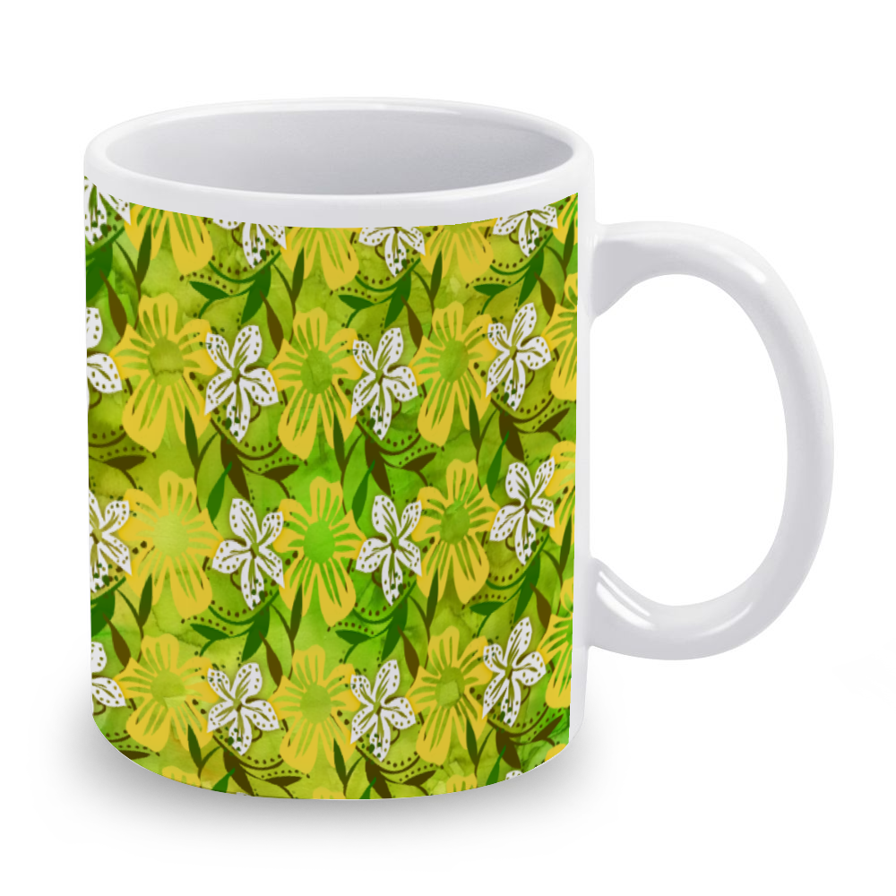 Golden Daisies Green pattern : Classic mug - 11oz: 3.8” h x 3.2” diameter -  Free standard shipping