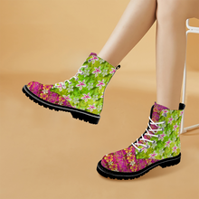 Load image into Gallery viewer, Golden Daisies Green &amp; Magenta pattern : Black Boots, PU leather upper + Rubber sole - Free standard shipping
