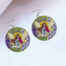 Load image into Gallery viewer, Prosperity Angel : Round Wooden Earrings - Diameter 6cm (2.4inch) double side print  -  Free standard shipping
