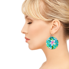 Load image into Gallery viewer, Golden Daisies green turquoise pattern : Round Wooden Earrings - Diameter 6cm (2.4inch) double side print  -  Free standard shipping
