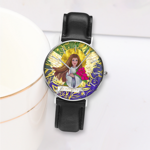 Prosperity Angel : Quartz Watch Leather black with Gold or Silver frame - in premium gift box - 1.5 × 1.5" - Free standard