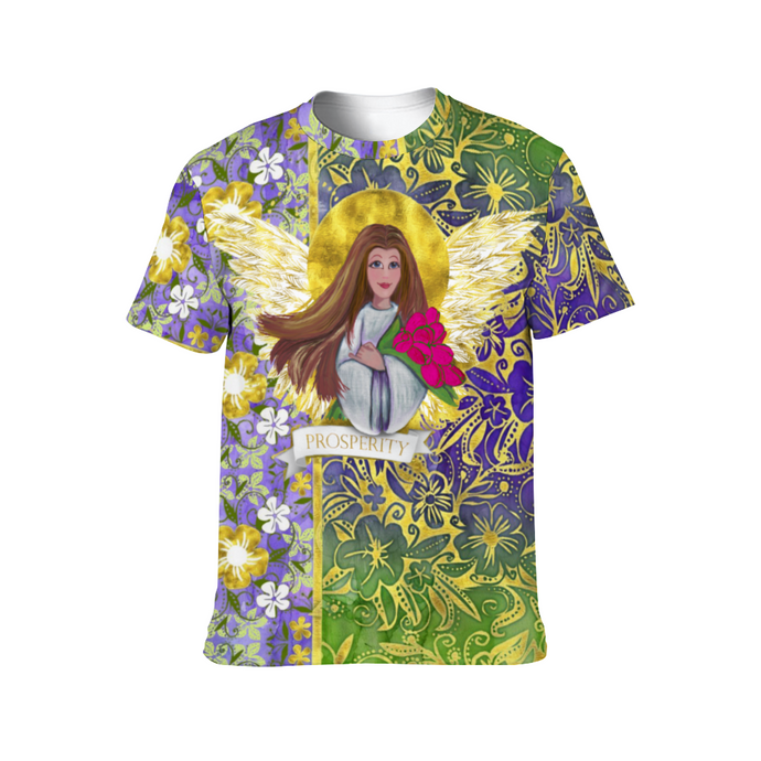 Prosperity angel original art by Vassia Sarri, Vassia Sarri Creations t-shirt for positive vibes and subconscious reprogramming. bring prosperity in your life with this happy Design