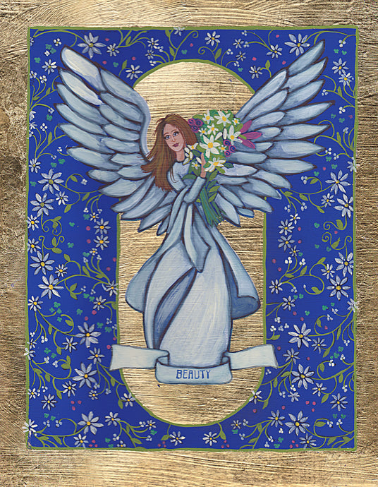 Vassia Sarri Creations, traditional egg tempera on wooden surface, mixed media, angel of beauty