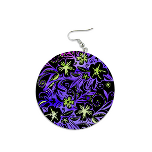 Glowing Flowers : Round Wooden Earrings - Diameter 6cm (2.4inch) double side print  -  Free standard shipping