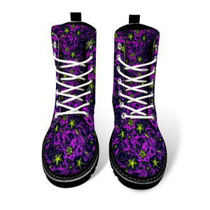 Glowing Flowers : Black Boots, PU leather upper + Rubber sole - Free standard shipping